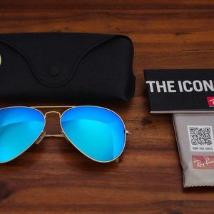 Ray Ban 62mm Aviator Mirrored Baby Blue w/Gold Frames Sunglasses